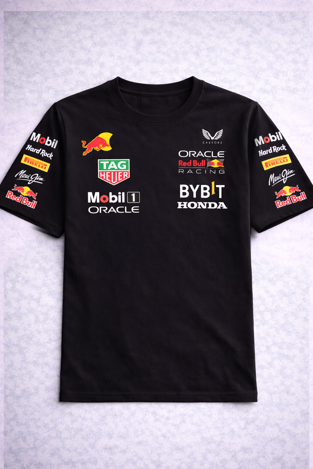 Camiseta Negra Racing 100% Algodón Cuello Licrado