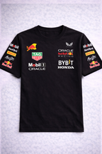 Camiseta Negra Racing 100% Algodón Cuello Licrado
