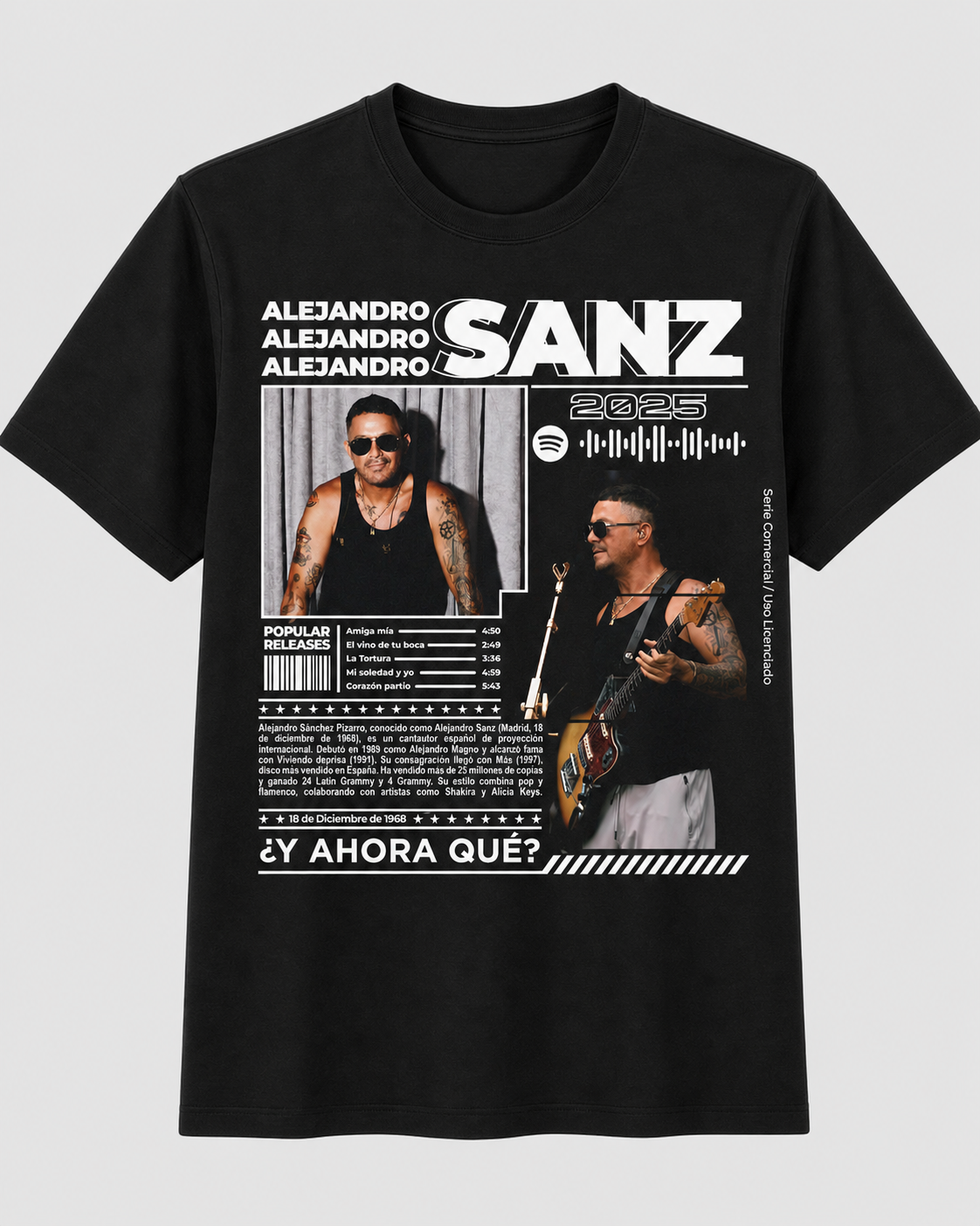Camiseta Negra Alejandro Sanz 100% Algodón Estampado DTF