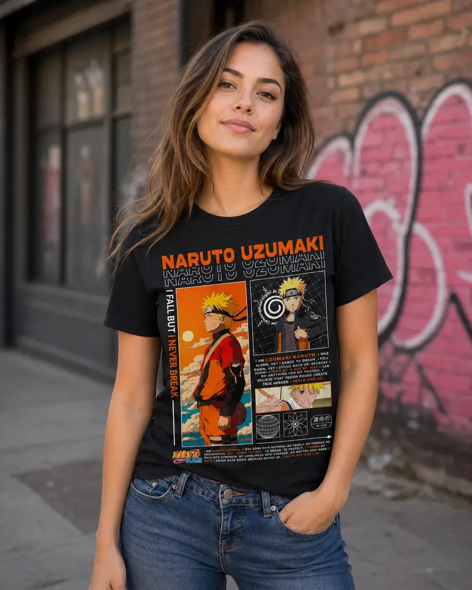 Camiseta Naruto Uzumaki Negra Unisex I Never Break Anime