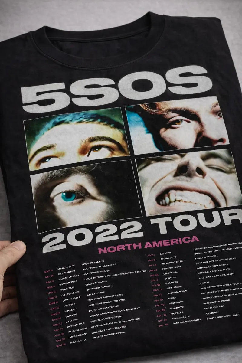 Camiseta 5sos Negra Unisex 2022 Tour North America Algodón