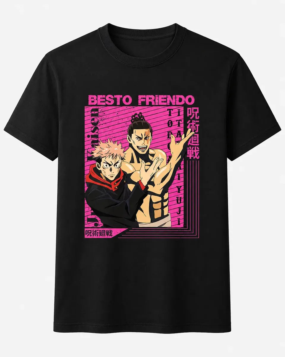 Camiseta Anime Jujutsu Itadori Todo Negra Algodón