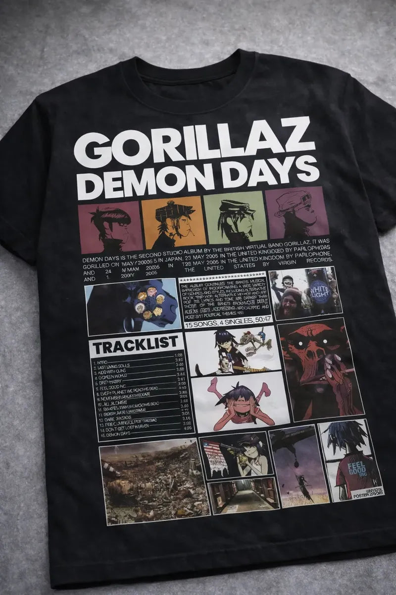 Camiseta Gorillaz Demon Days Negra Unisex Tracklist Algodón