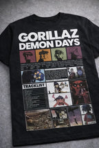 Camiseta Gorillaz Demon Days Negra Unisex Tracklist Algodón