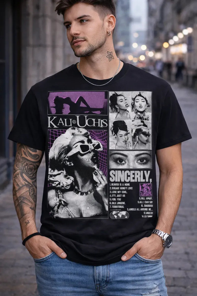 Camiseta Kali Uchis Negra Estampada Ajuste Normal