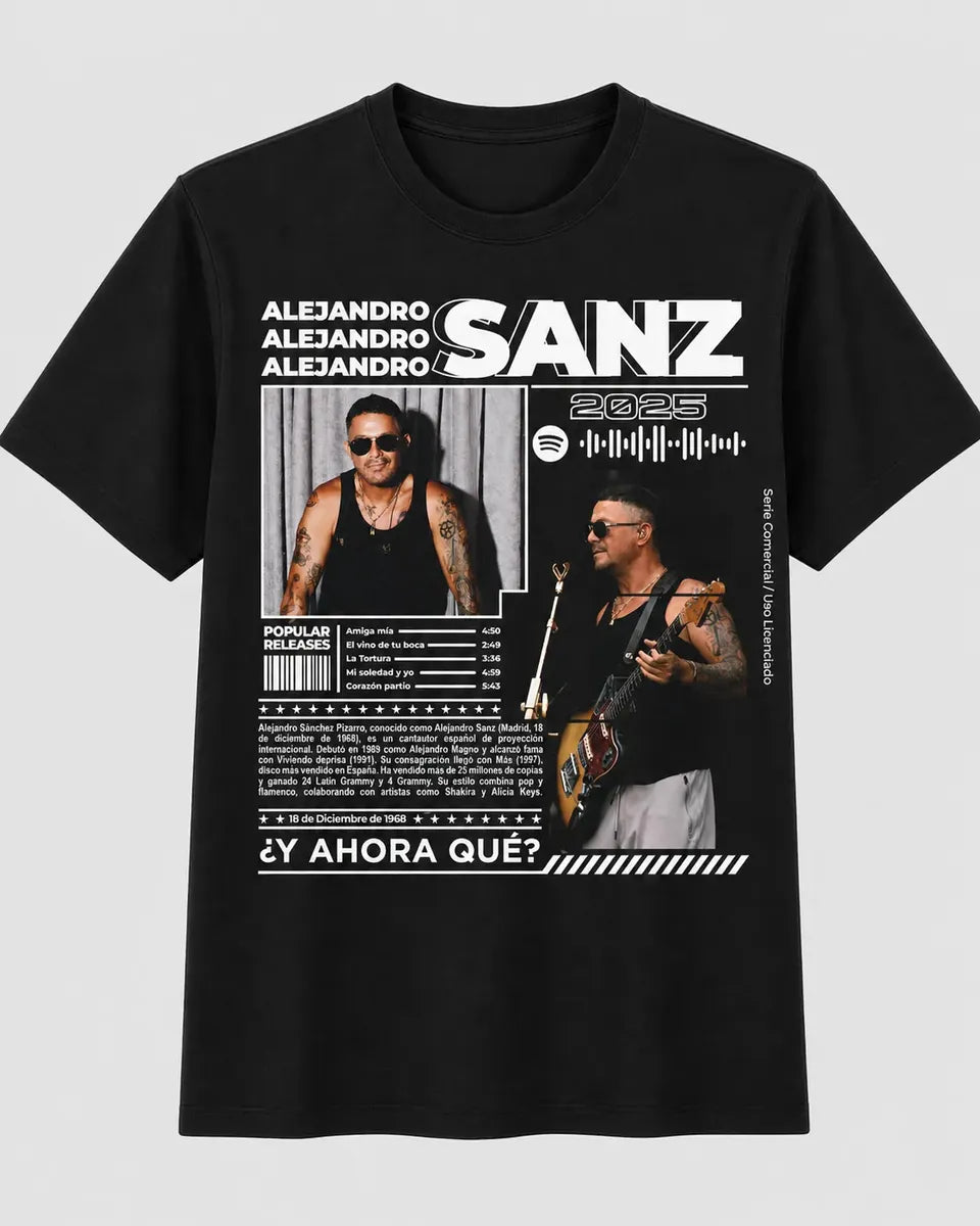 Camiseta Alejandro Sanz Negra Unisex 2025 Algodón
