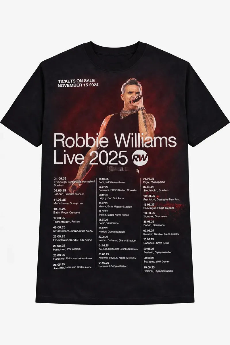 Camiseta Robbie Williams Live 2025 Tour Negra Unisex Algodón