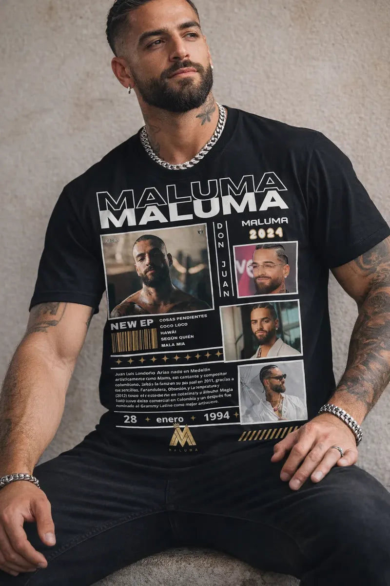 Camiseta Maluma Negra Estampada Ajuste Normal Hombre