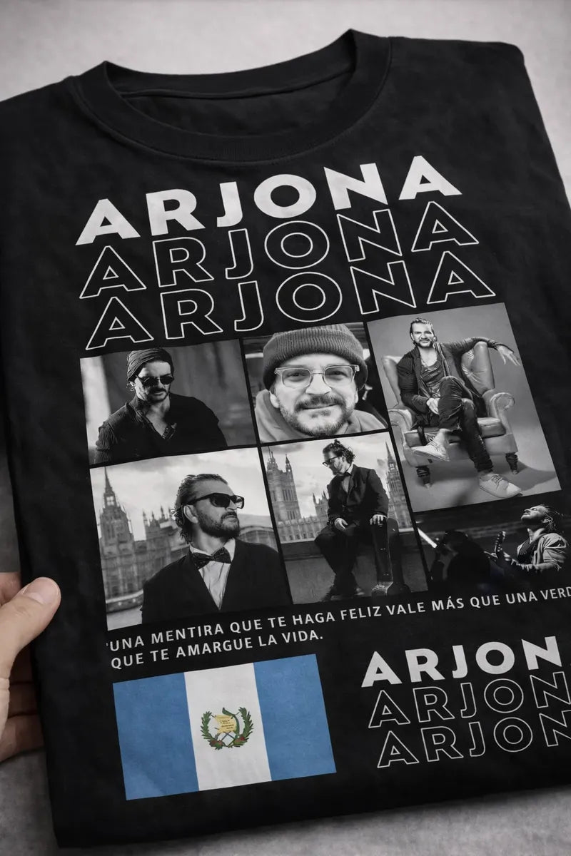 Camiseta Arjona Negra Unisex Collage Pop Latino Algodón