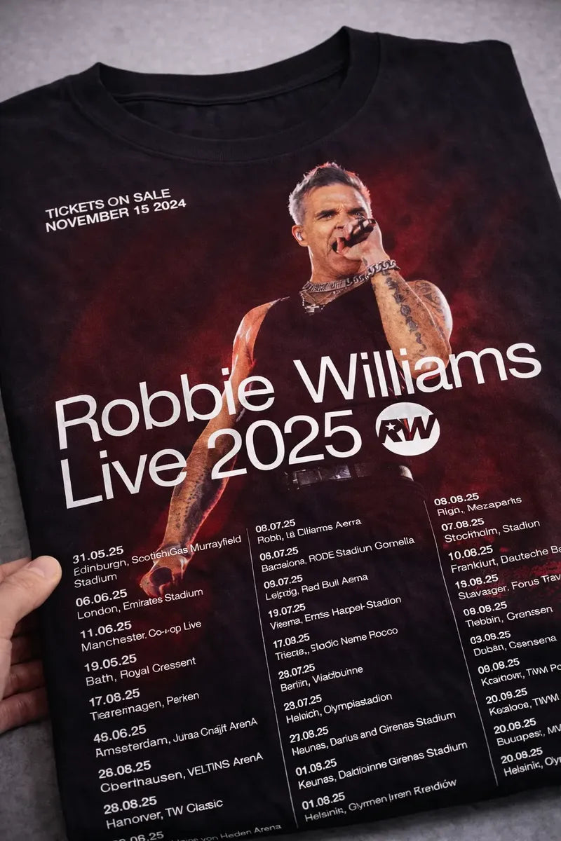 Camiseta Robbie Williams Live 2025 Tour Negra Unisex Algodón