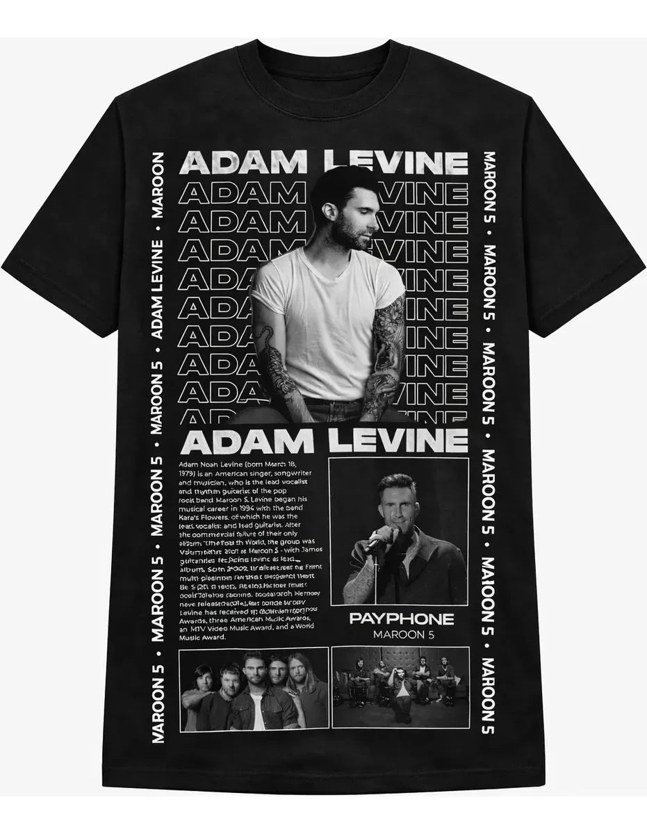 Camiseta Adam Levine Maroon 5 Negra Unisex Pop Rock Algodón