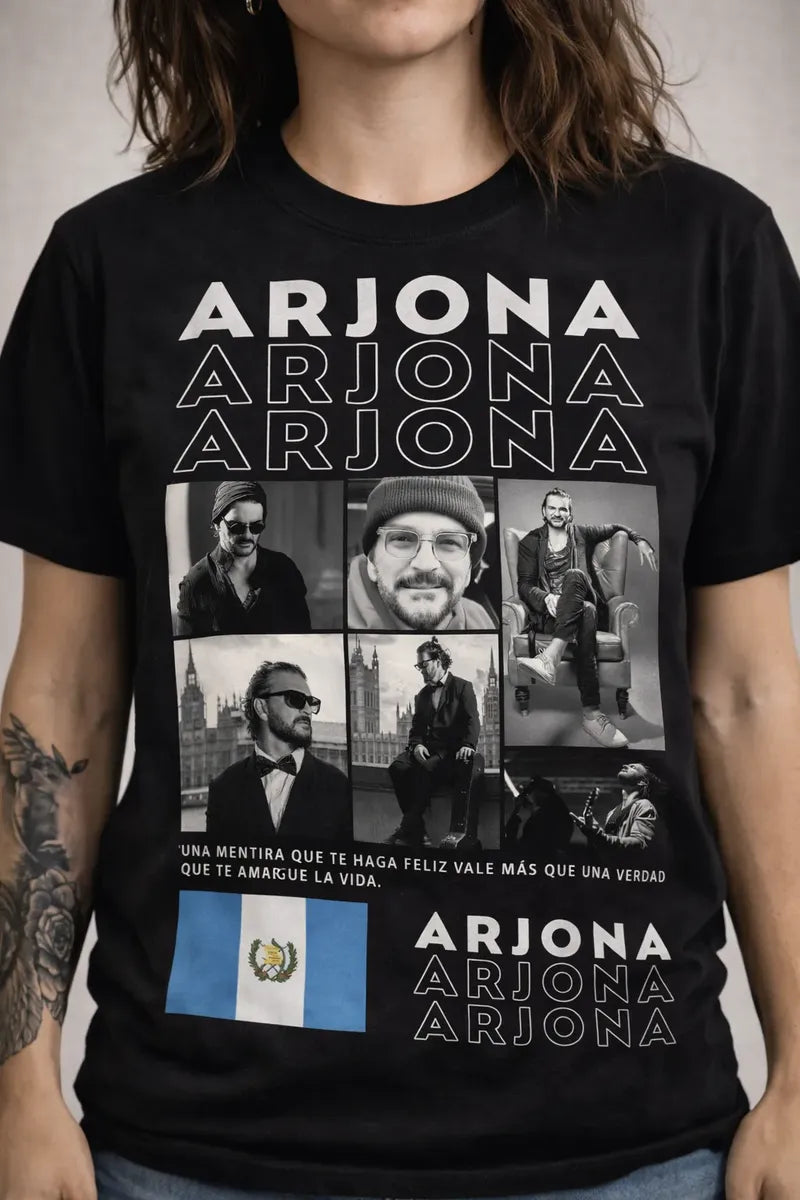 Camiseta Arjona Negra Unisex Collage Pop Latino Algodón