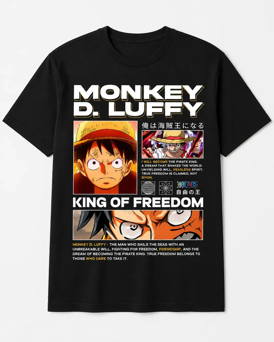 Camiseta Luffy One Piece Negra Unisex King Freedom Anime