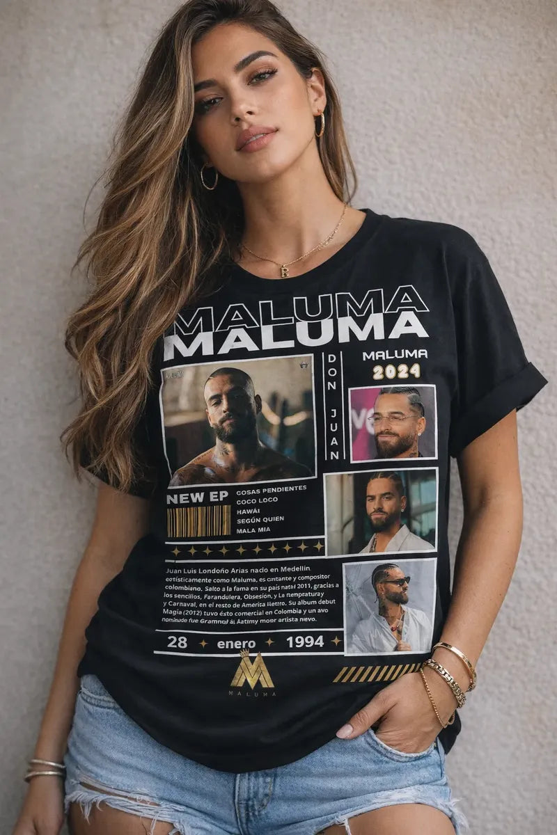 Camiseta Maluma Negra Estampada Ajuste Normal Hombre