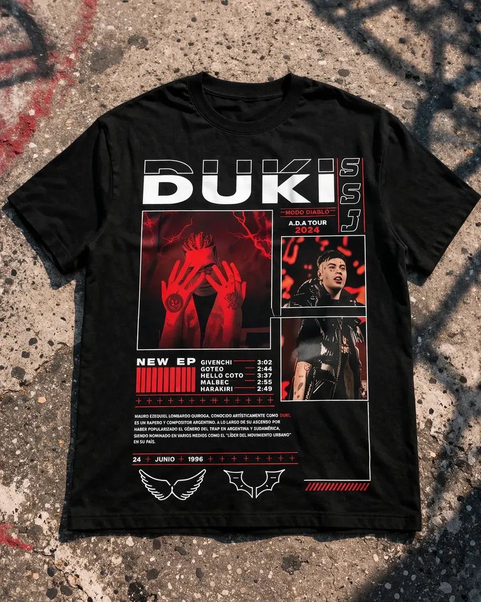 Camiseta Duki Negra Unisex Cuello R A.d.a Tour 2024 Modo Dia