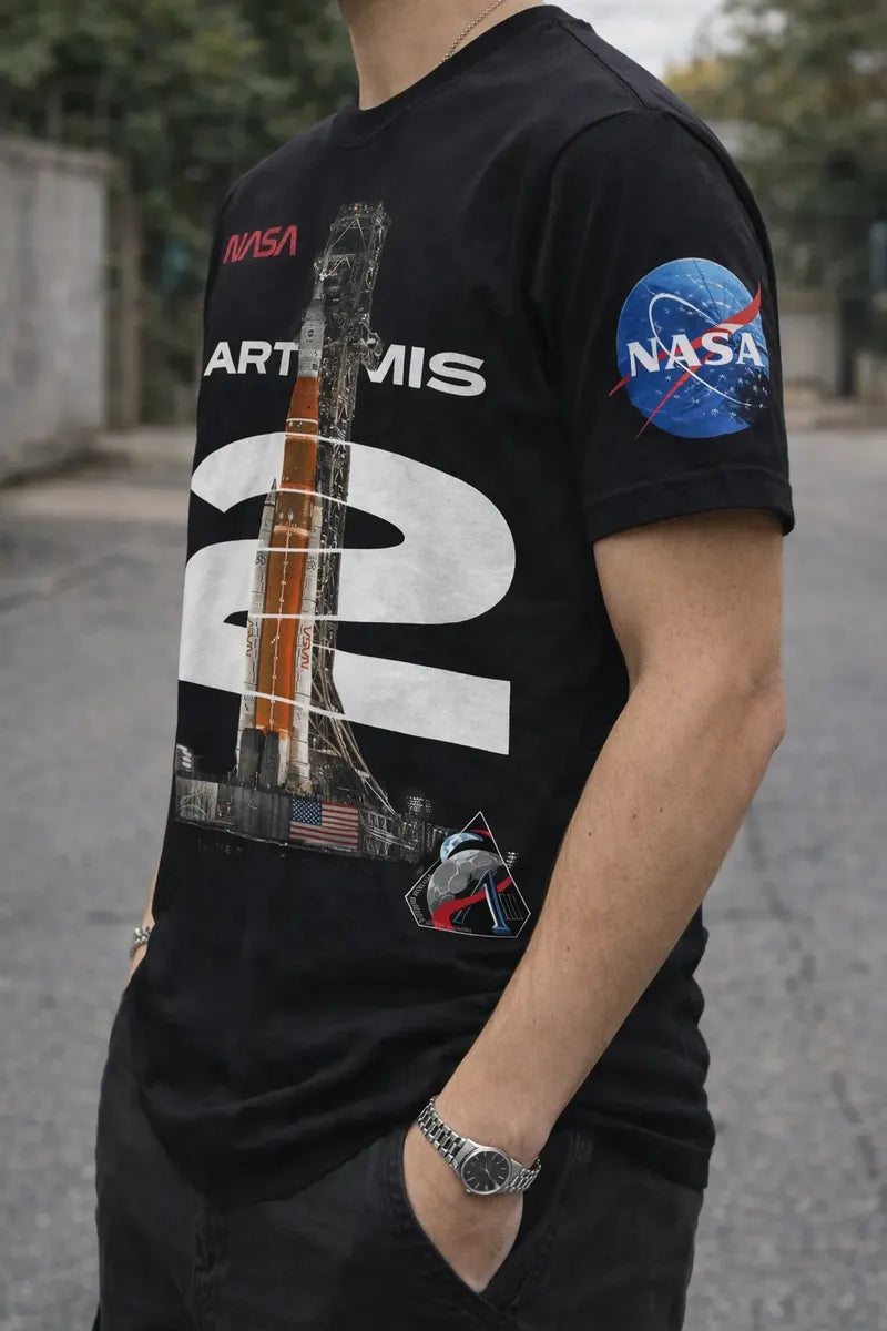 Camiseta Nasa Artemis 2 Negra Unisex Cohete Luna To The Moon