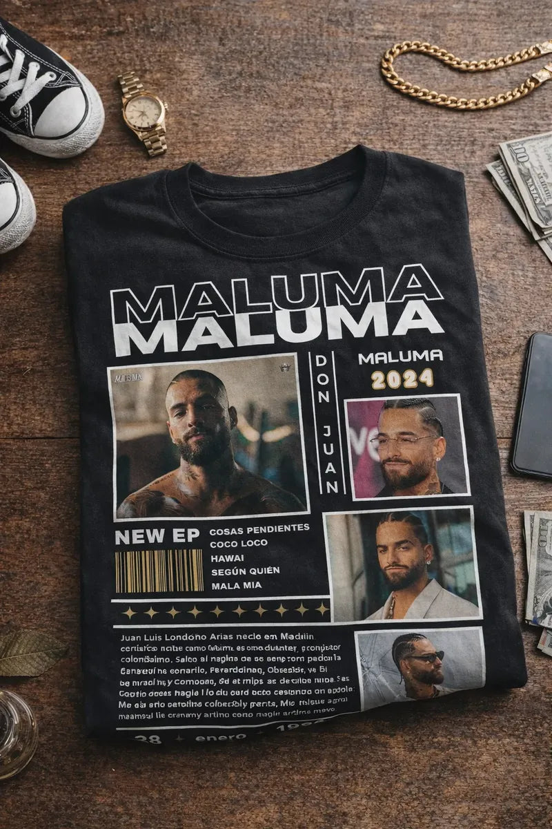 Camiseta Maluma Negra Estampada Ajuste Normal Hombre