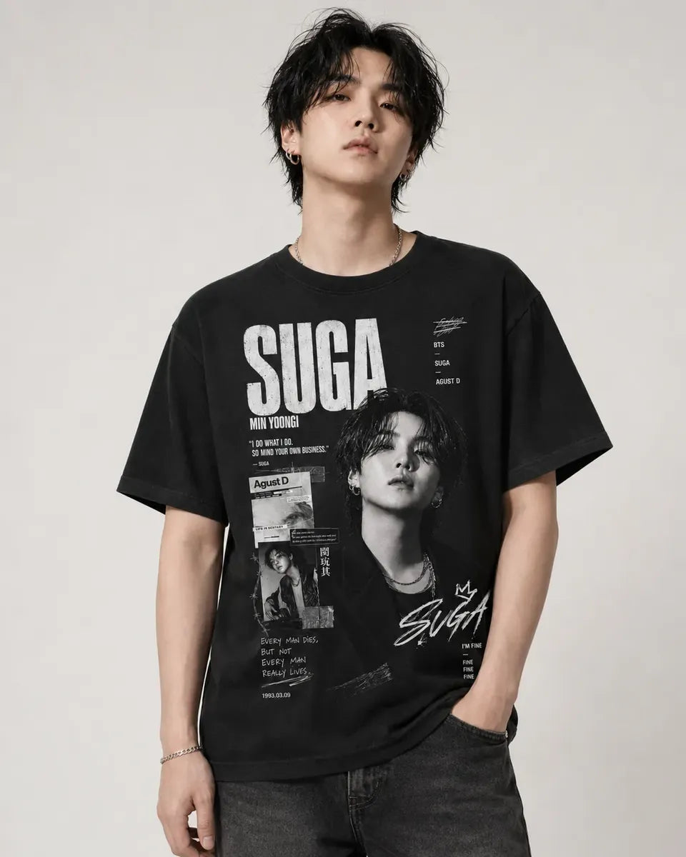 Camiseta Kpop Mujer Negra Estampado Iiii Corte Normal