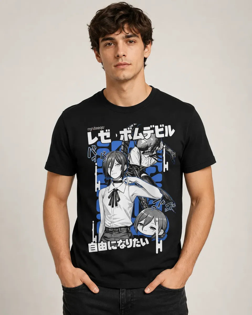 Camiseta Reze Bomb Devil Negra 100% Algodón Anime