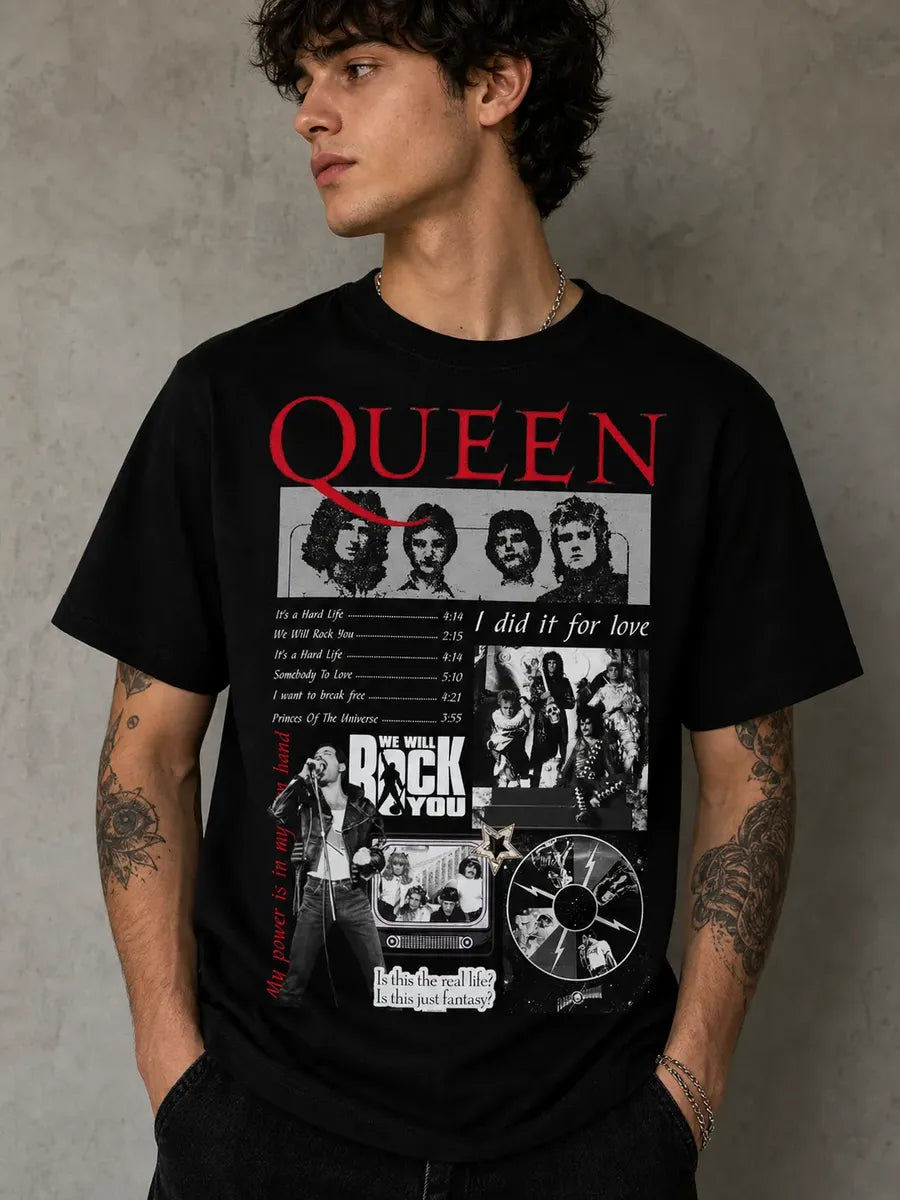 Camiseta Queen Negra Unisex Rock Vintage Algodón