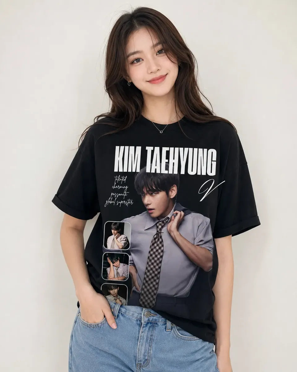 Camiseta Negra Kpop Idol Coreano Corte Normal