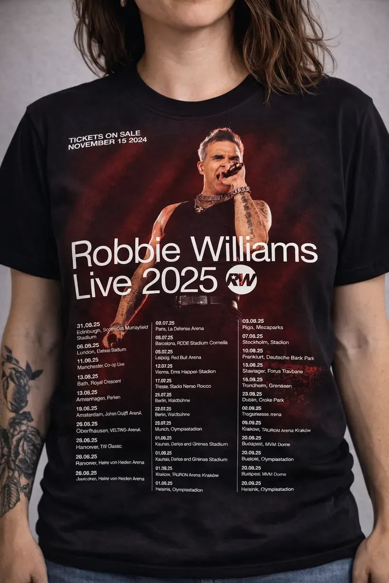 Camiseta Robbie Williams Live 2025 Tour Negra Unisex Algodón