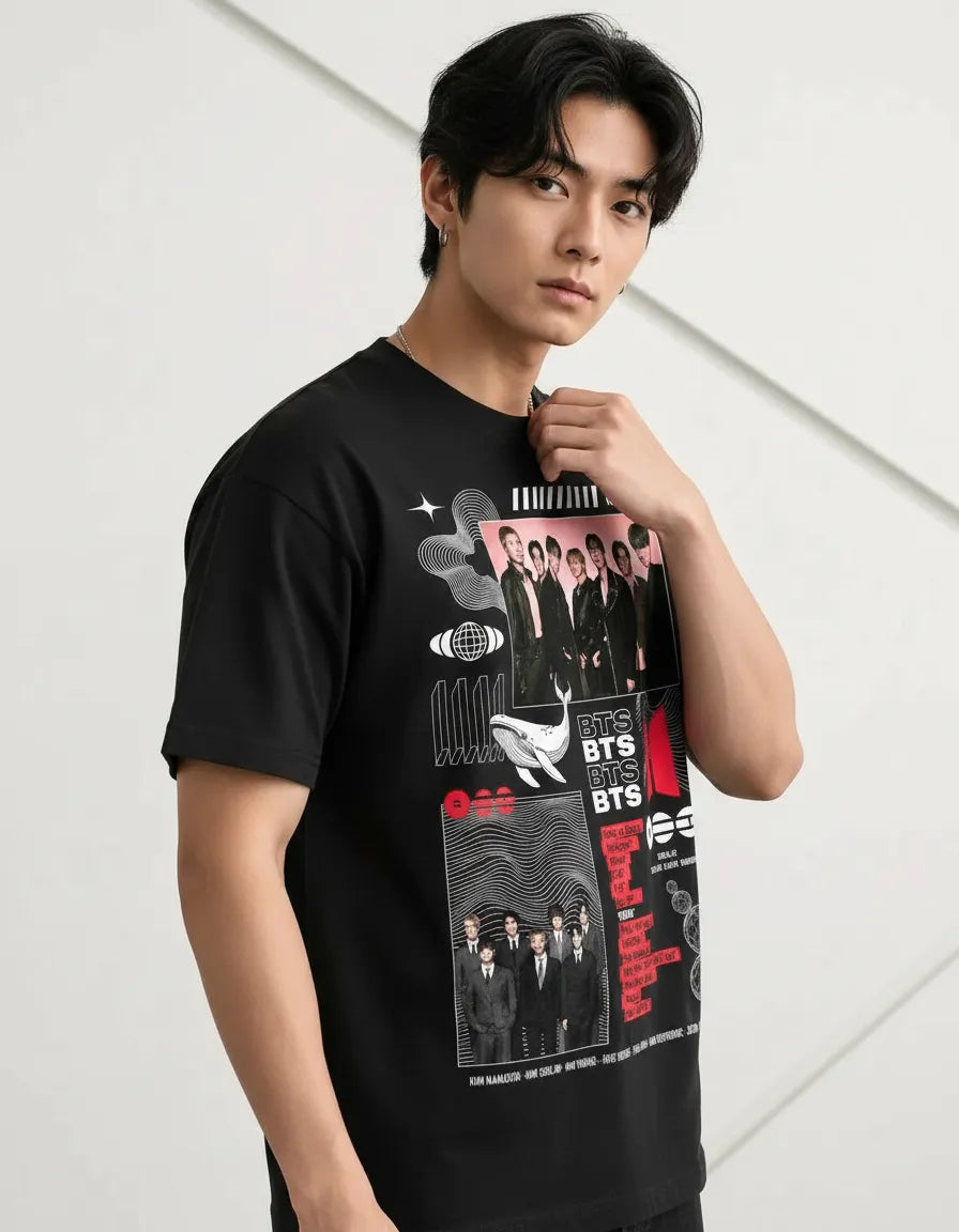 Camiseta Negra Kpop Grupo Coreano Estampada Normal