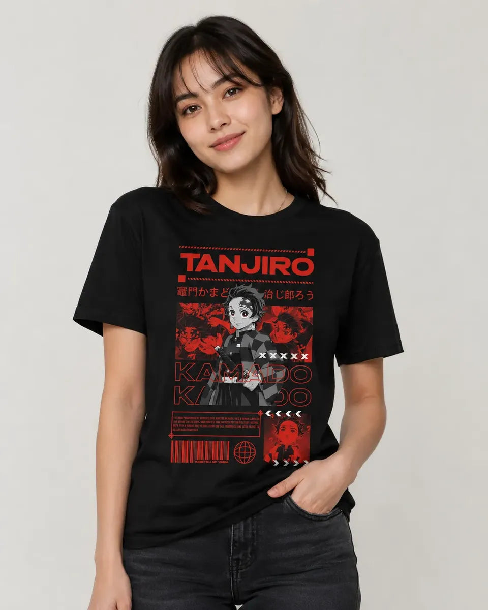 Camiseta Anime Tanjiro Kamado Negra Algodón Corte Normal