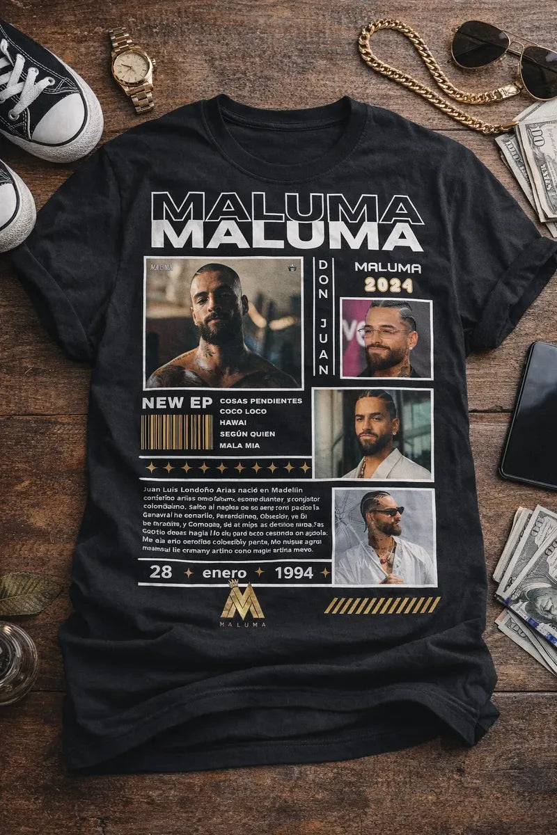 Camiseta Maluma Negra Estampada Ajuste Normal Hombre
