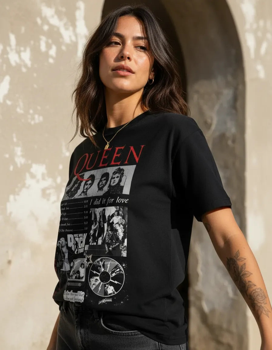Camiseta Queen Negra Unisex Rock Vintage Algodón