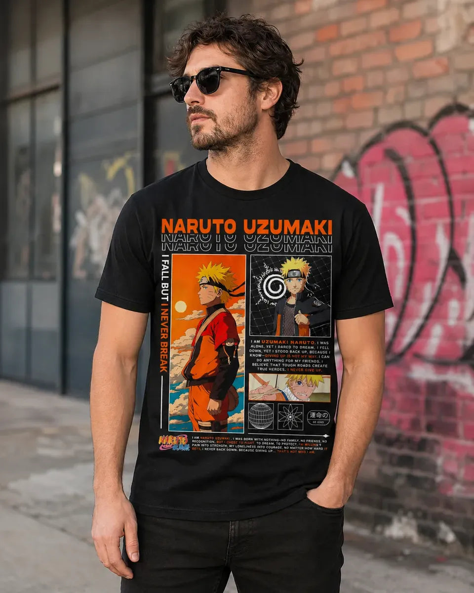 Camiseta Naruto Uzumaki Negra Unisex I Never Break Anime