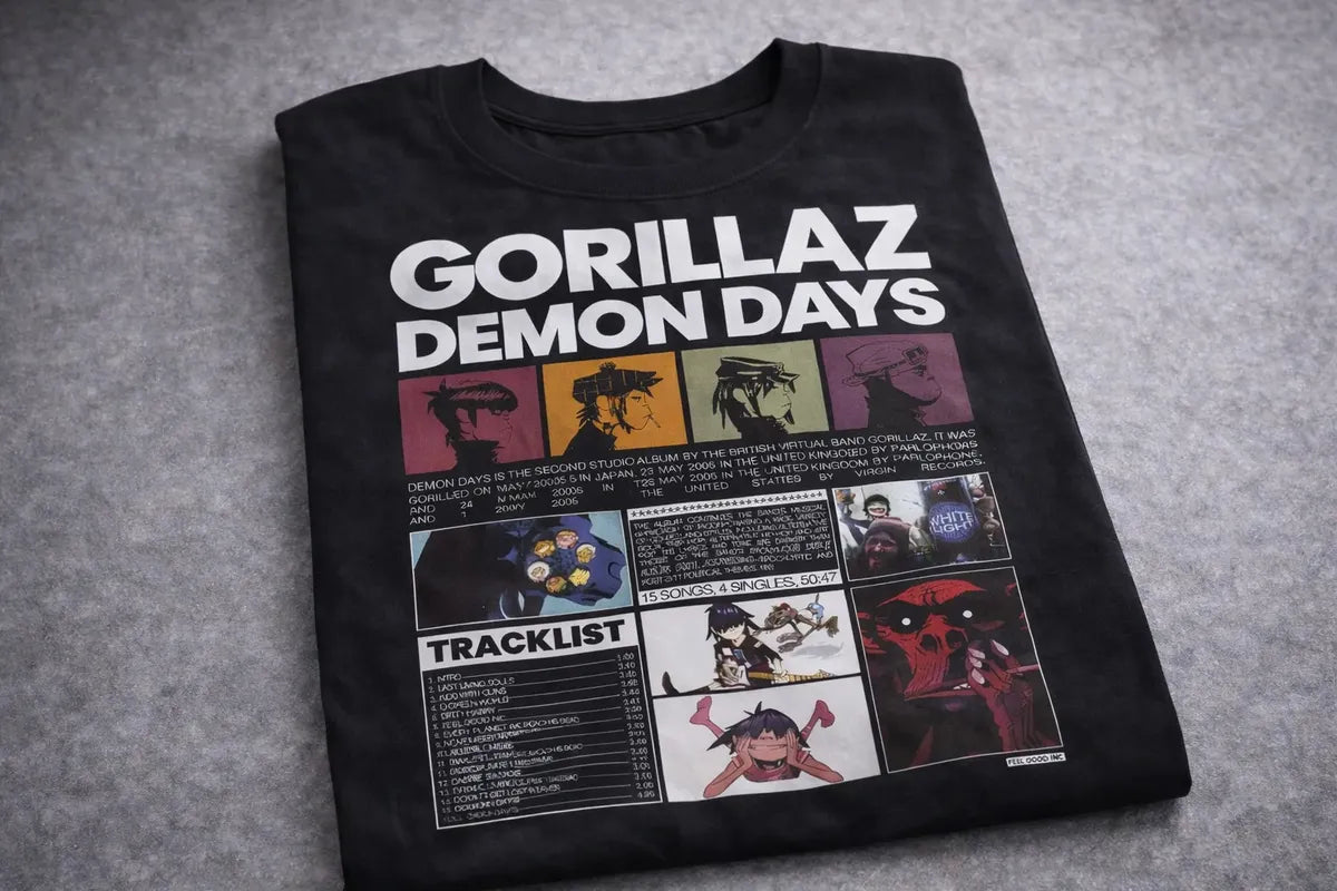 Camiseta Gorillaz Demon Days Negra Unisex Tracklist Algodón