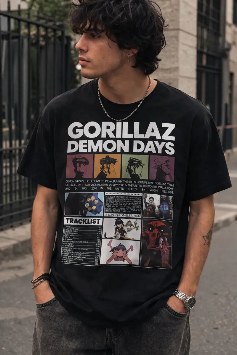 Camiseta Gorillaz Demon Days Negra Unisex Tracklist Algodón