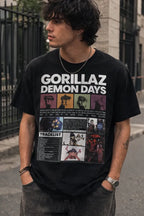 Camiseta Gorillaz Demon Days Negra Unisex Tracklist Algodón
