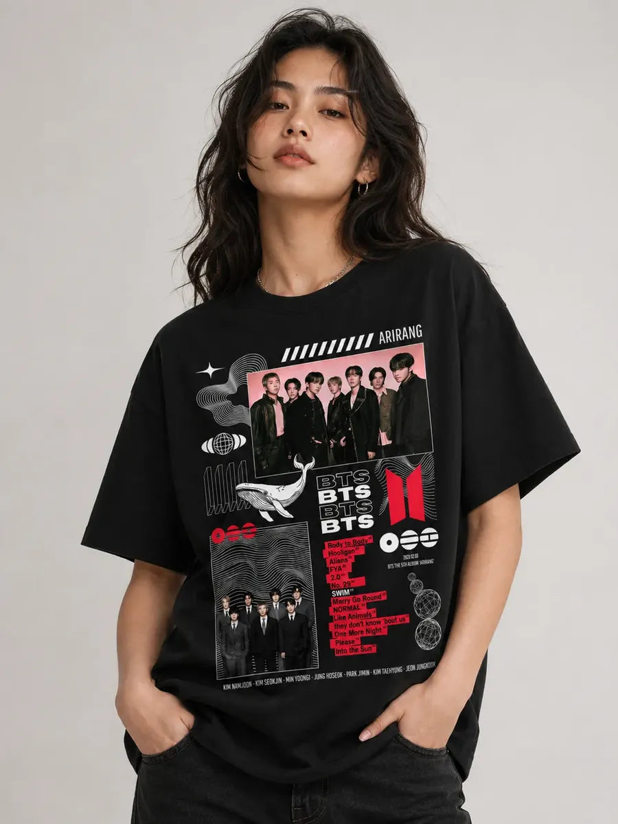Camiseta Negra Kpop Grupo Coreano Estampada Normal