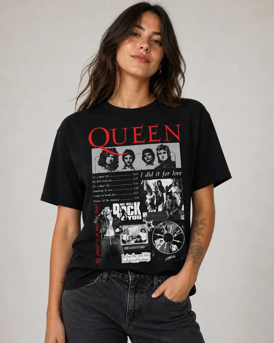 Camiseta Queen Negra Unisex Rock Vintage Algodón
