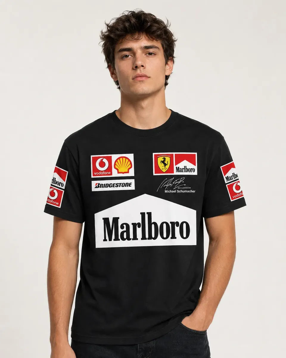Camiseta Ferrari Schumacher Negra Unisex F1 Sponsors Retro