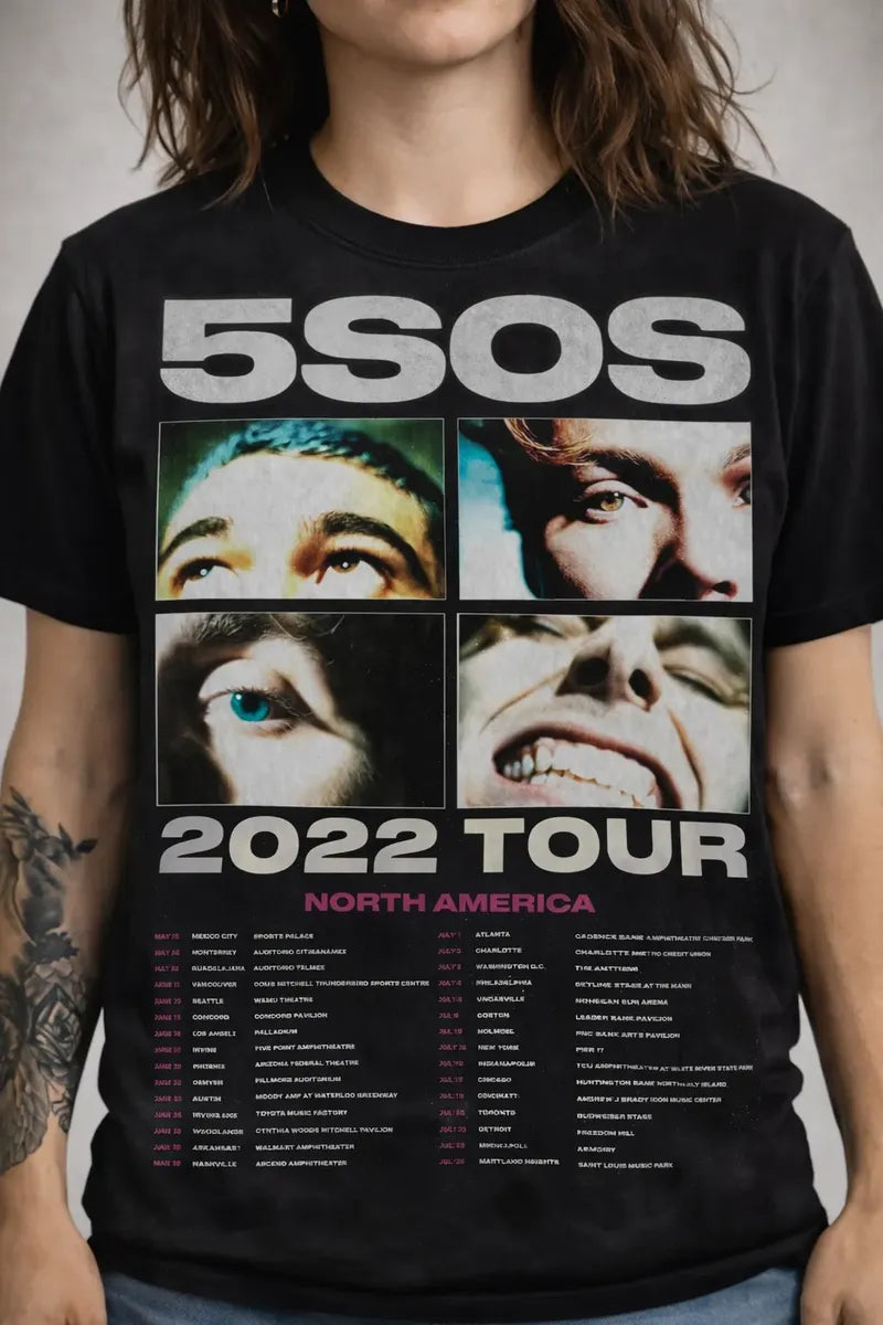 Camiseta 5sos Negra Unisex 2022 Tour North America Algodón