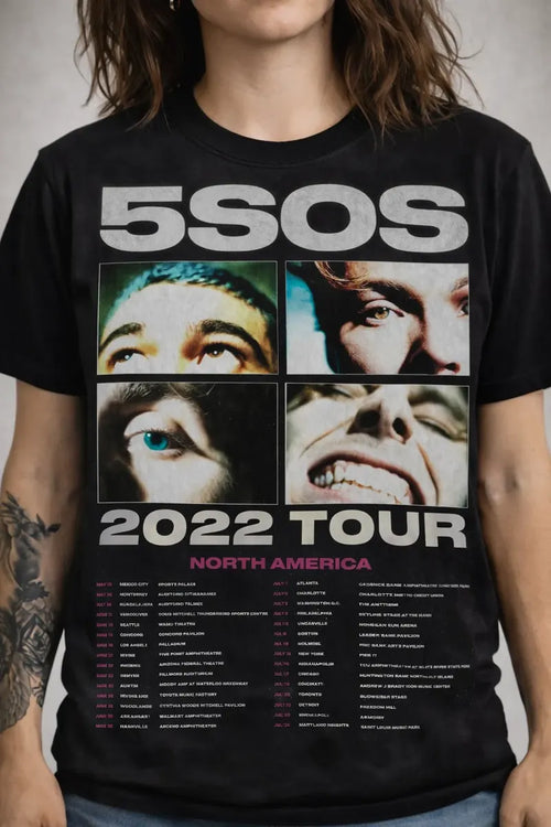 Camiseta 5sos Negra Unisex 2022 Tour North America Algodón