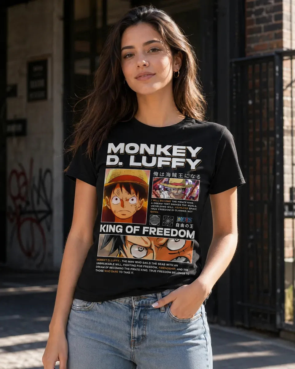 Camiseta Luffy One Piece Negra Unisex King Freedom Anime