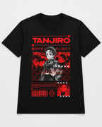 Camiseta Anime Tanjiro Kamado Negra Algodón Corte Normal
