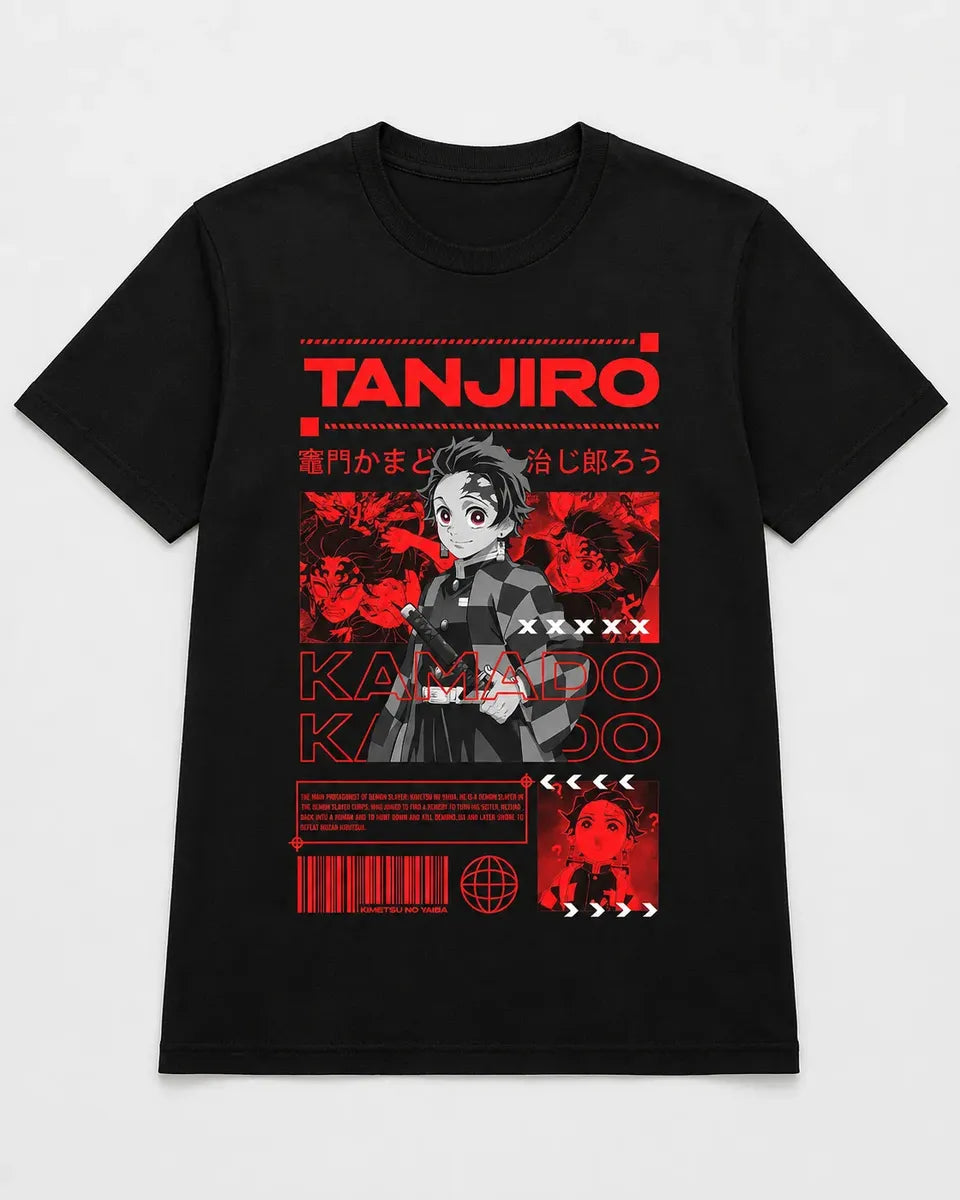 Camiseta Anime Tanjiro Kamado Negra Algodón Corte Normal