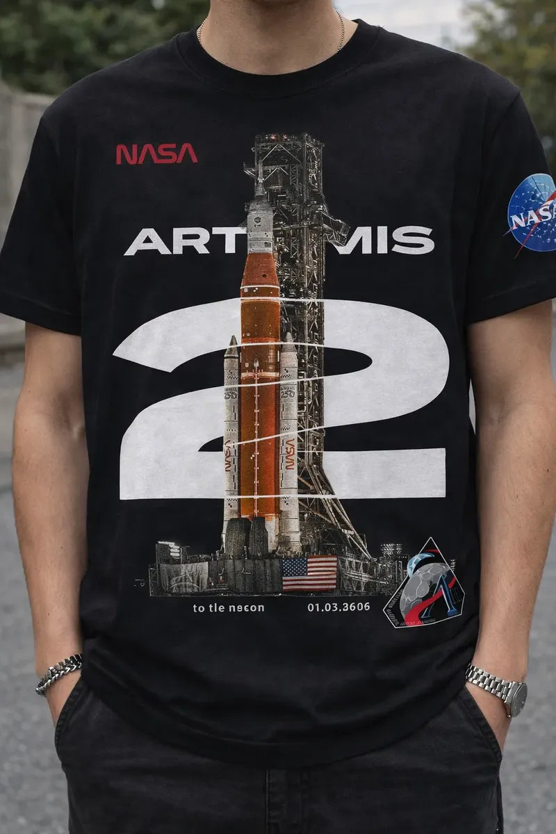 Camiseta Nasa Artemis 2 Negra Unisex Cohete Luna To The Moon