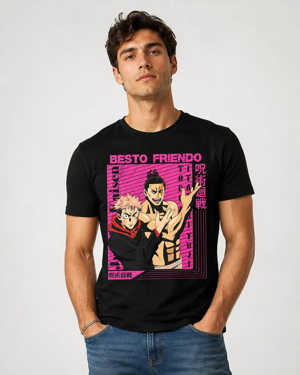 Camiseta Anime Jujutsu Itadori Todo Negra Algodón