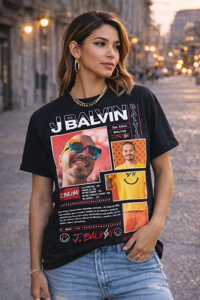Camiseta J Balvin Negra Estampada Ajuste Normal