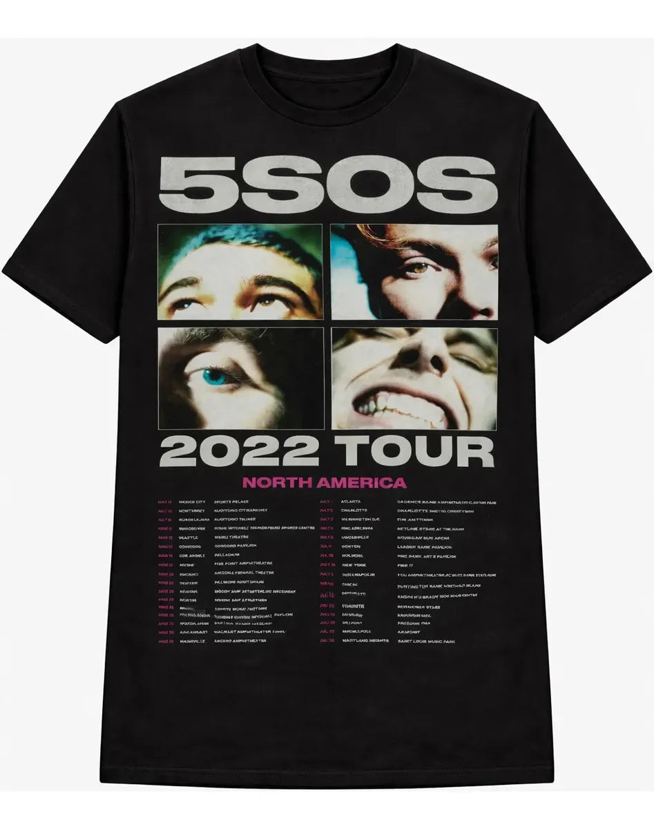 Camiseta 5sos Negra Unisex 2022 Tour North America Algodón