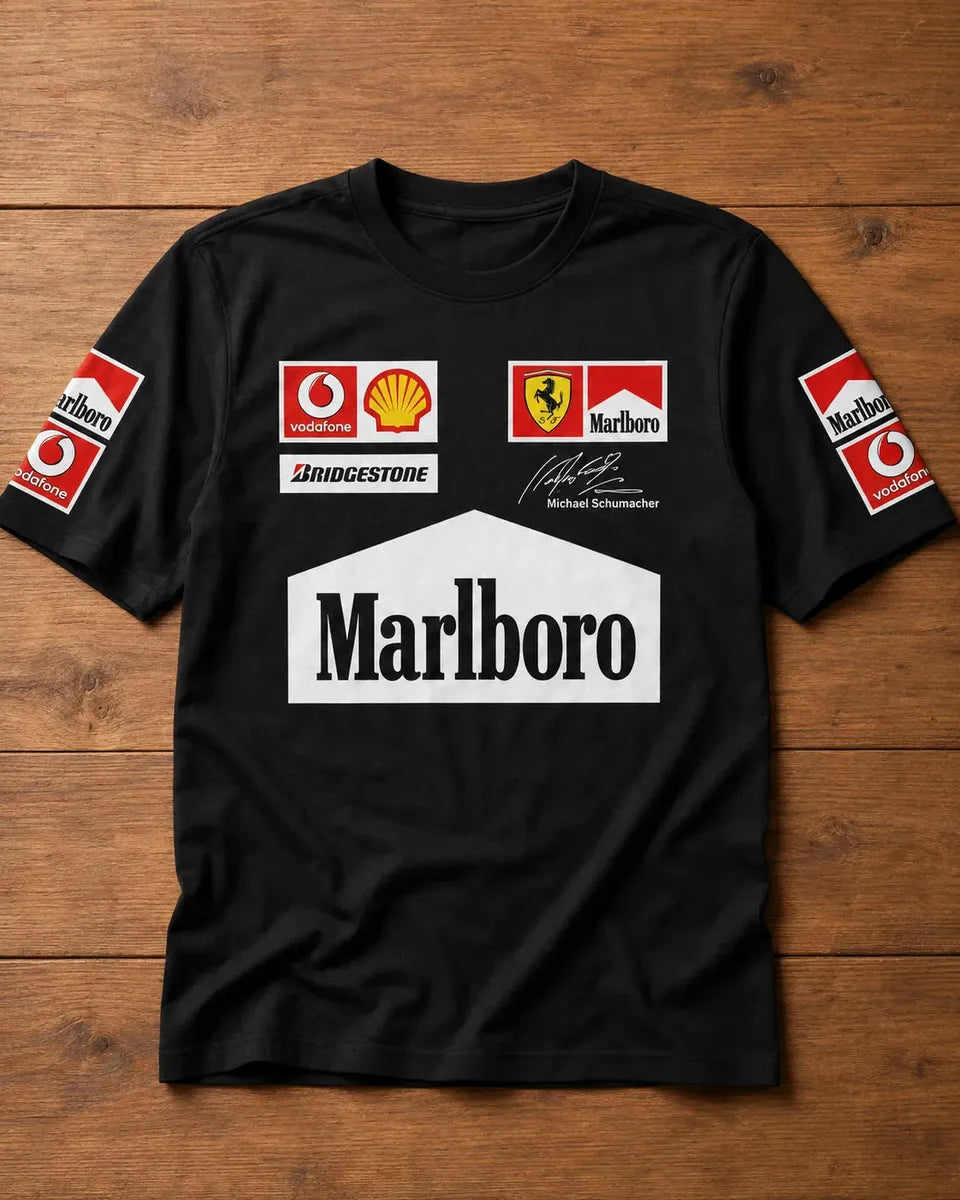 Camiseta Ferrari Schumacher Negra Unisex F1 Sponsors Retro