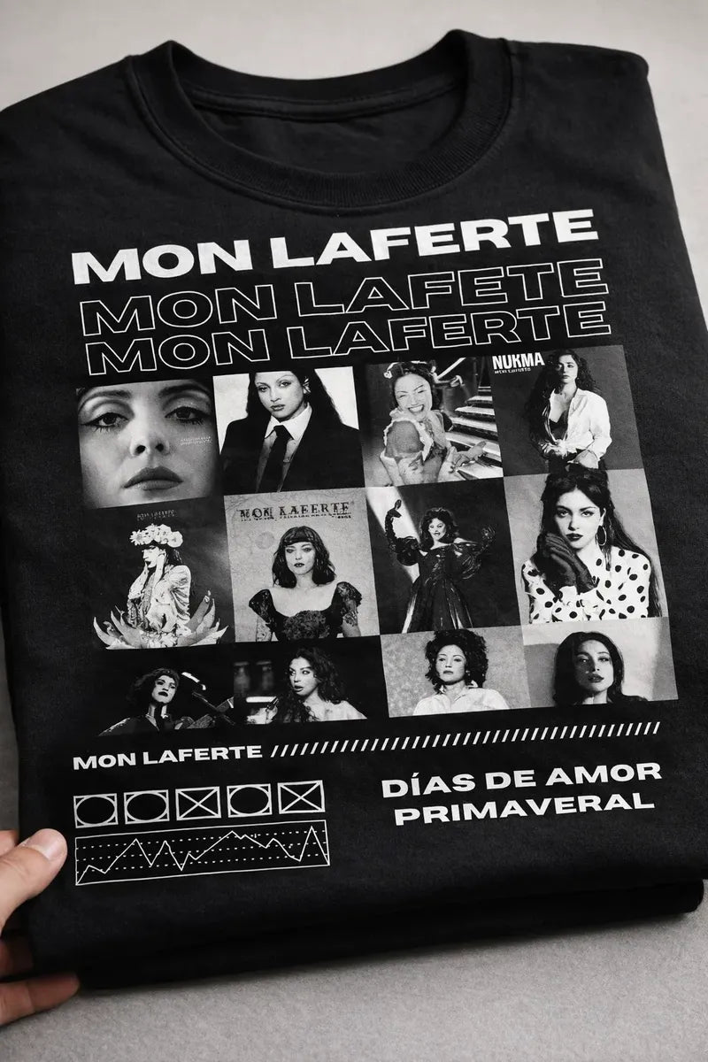 Camiseta Mon Laferte Negra Unisex Collage Dias De Amor Prima