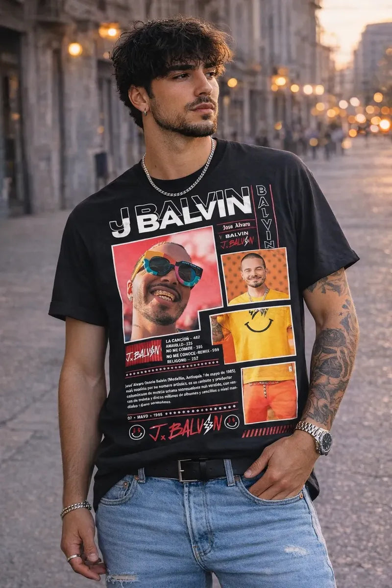 Camiseta J Balvin Negra Estampada Ajuste Normal