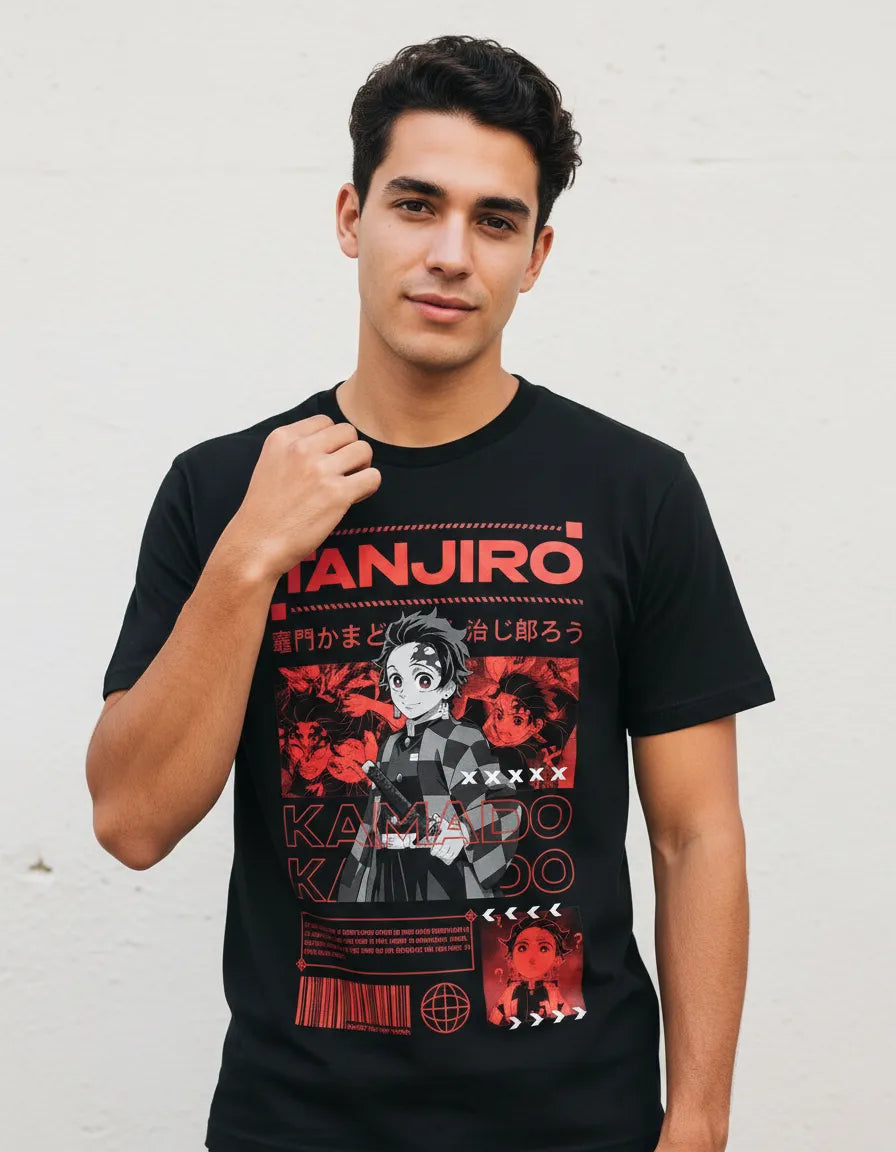 Camiseta Anime Tanjiro Kamado Negra Algodón Corte Normal